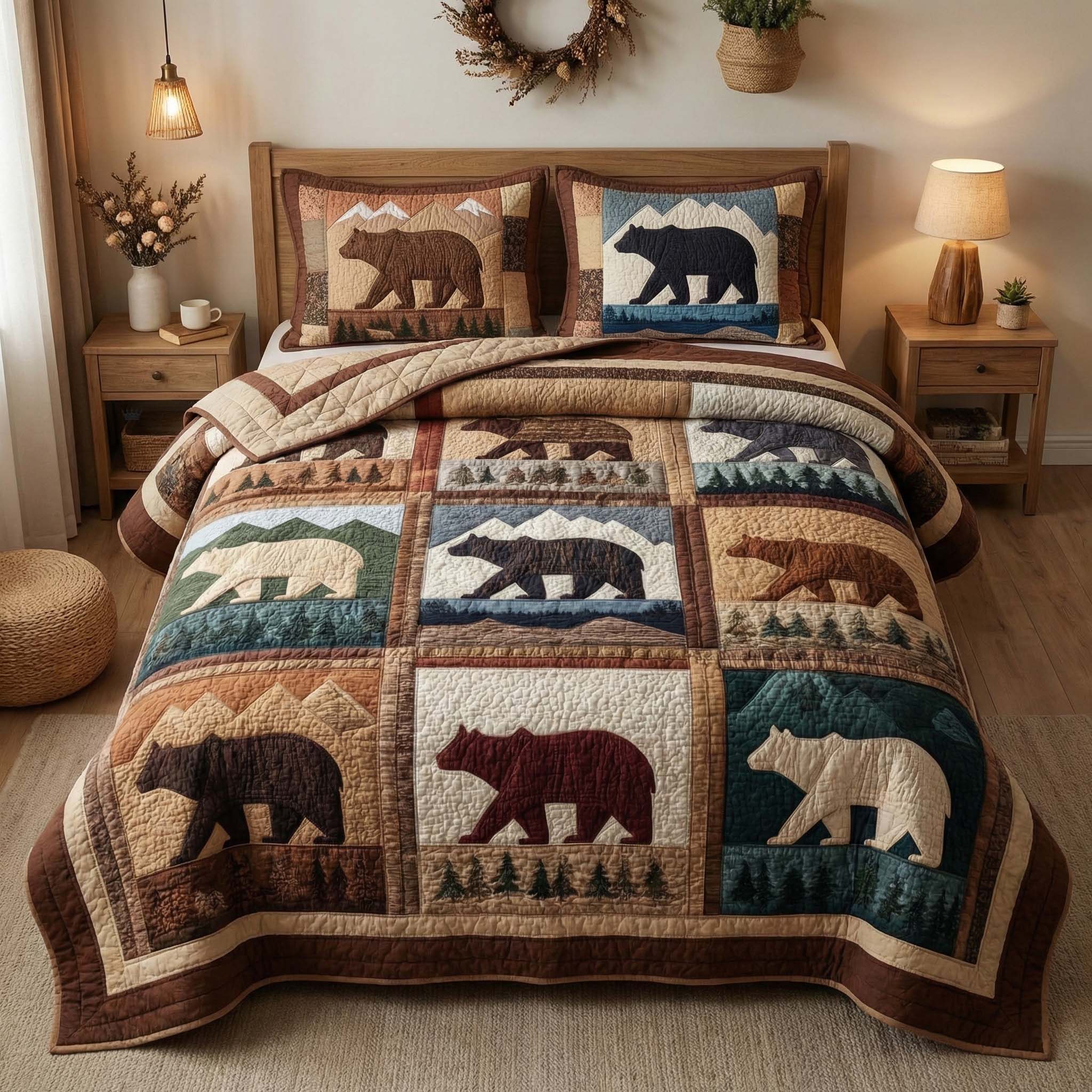 Mountain Bears Quilted Bedding Set Unique Bed Sheet Set Cute Bear Gift Ideas