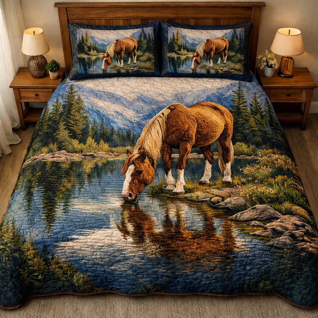 Mountain Lake Horse Quilted Bedding Set Cover Bed Set Presents For Horse Owners