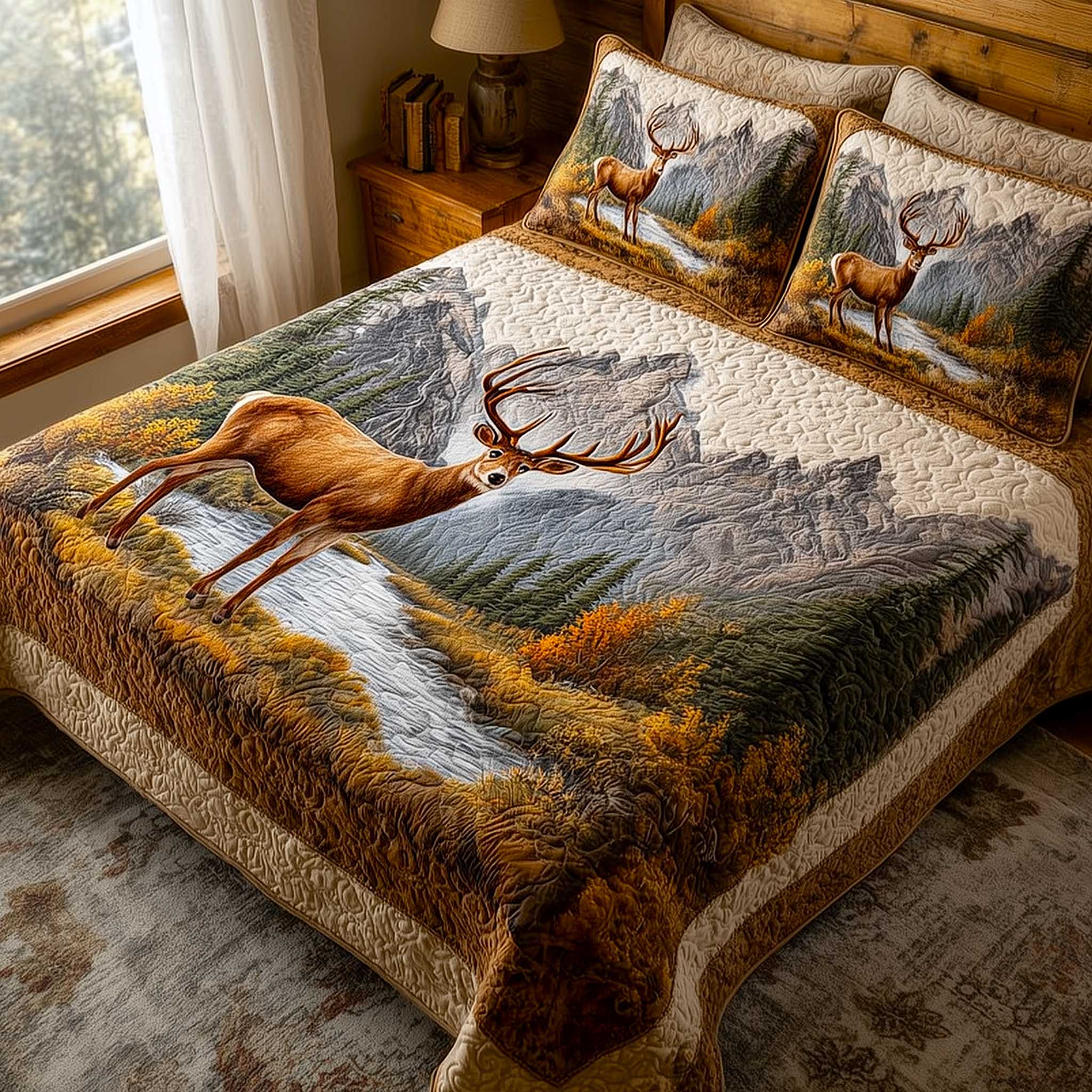 Mountain Serenity Quilted Bedding Set Bed Comforter Set Birthday Presents For Deer Lovers