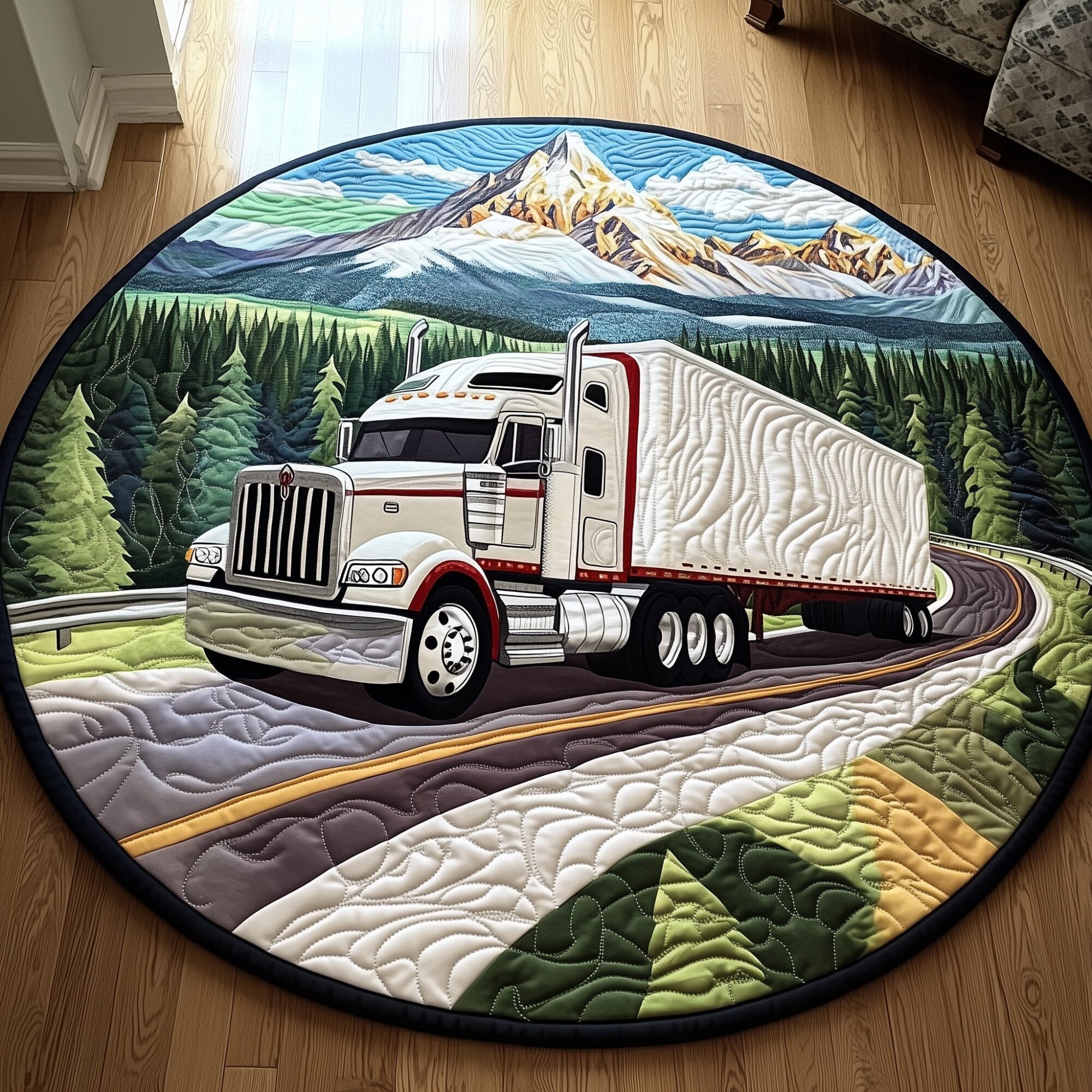 Mountain Truck Journey Quilted Round Mat Cozy Quilted Round Mat for Warm Ambiance