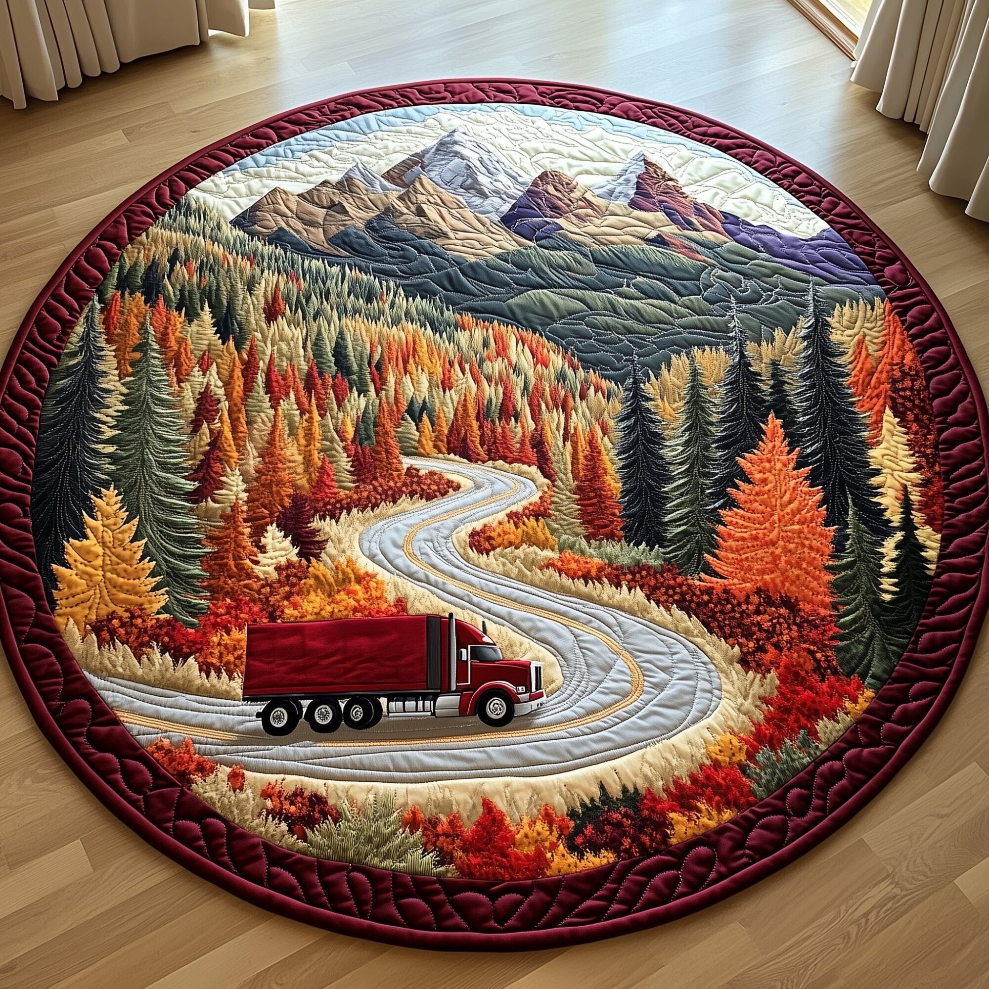 Mountain Truck Journey Quilted Round Mat High-Quality Quilted Round Mat for Soft Comfort
