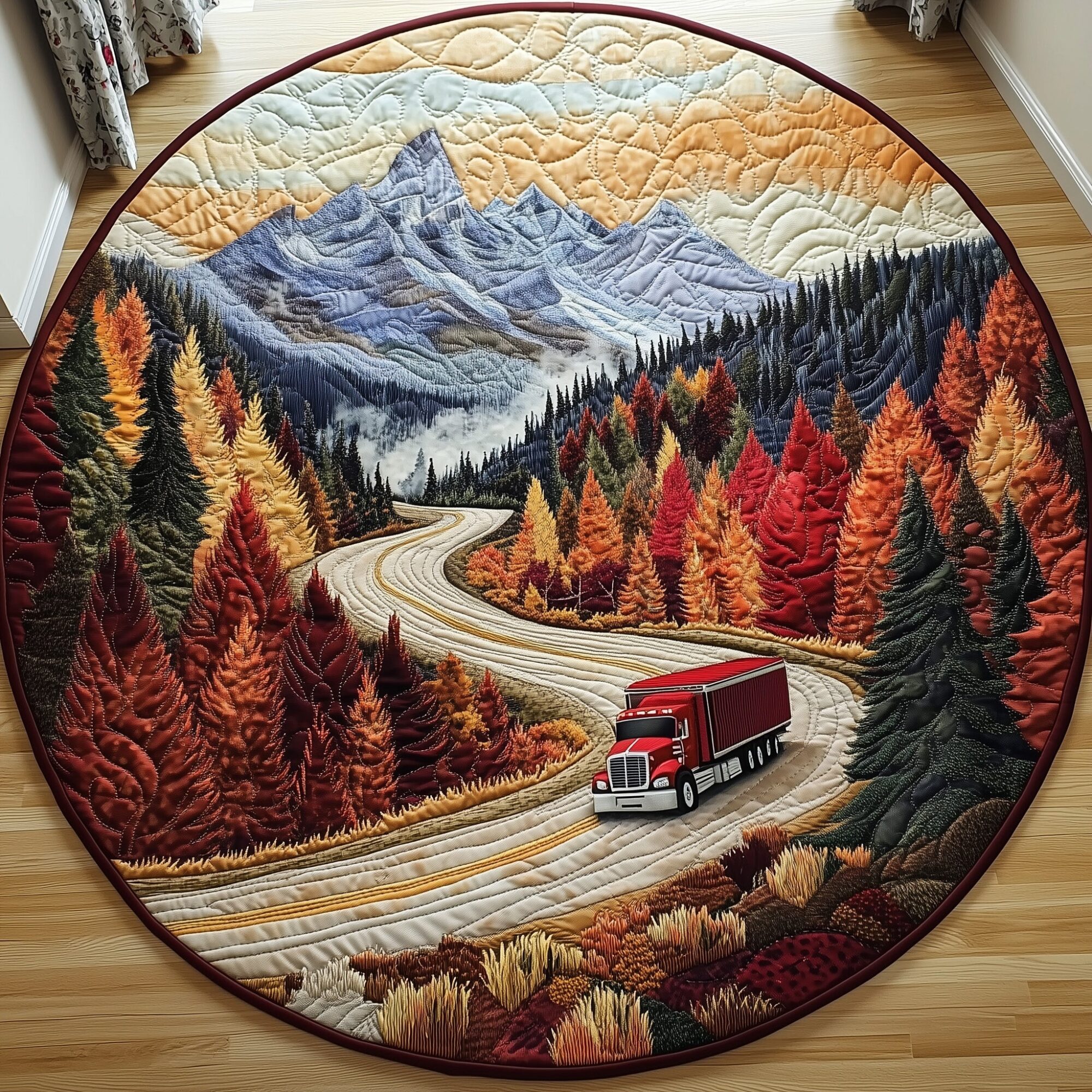 Mountain Truck Journey Quilted Round Mat Soft Cotton Quilted Round Mat for Daily Comfort