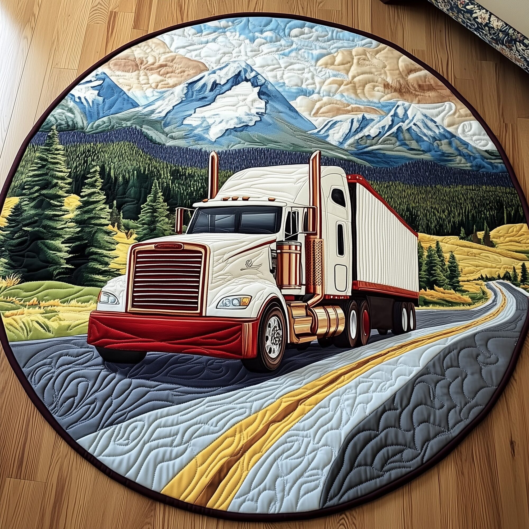 Mountain Truck Journey Quilted Round Mat Soft Cotton Quilted Round Mat for Daily Comfort
