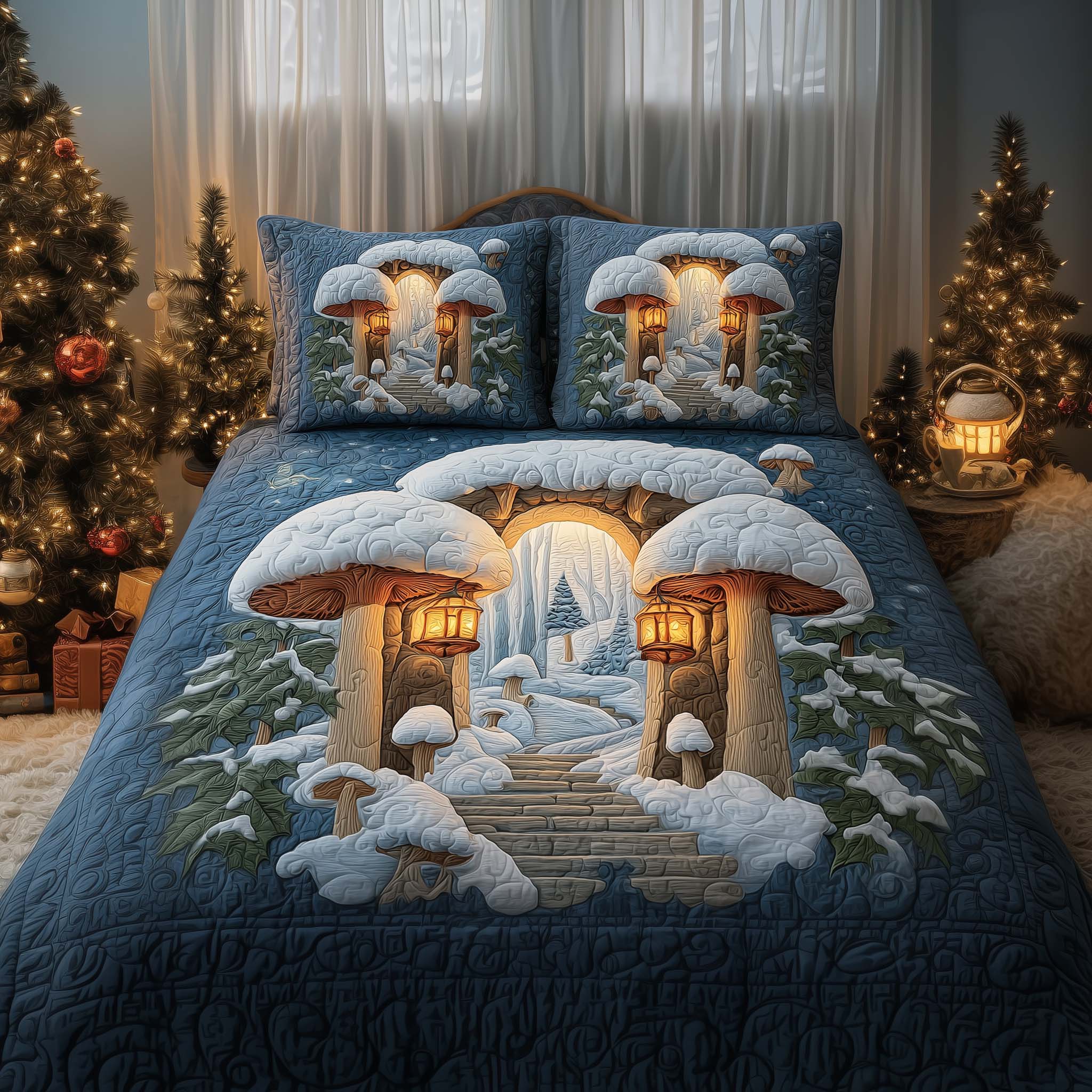 Mushroom Gate Quilted Bedding Set Christmas Bed Covers Mushroom Lover Gifts