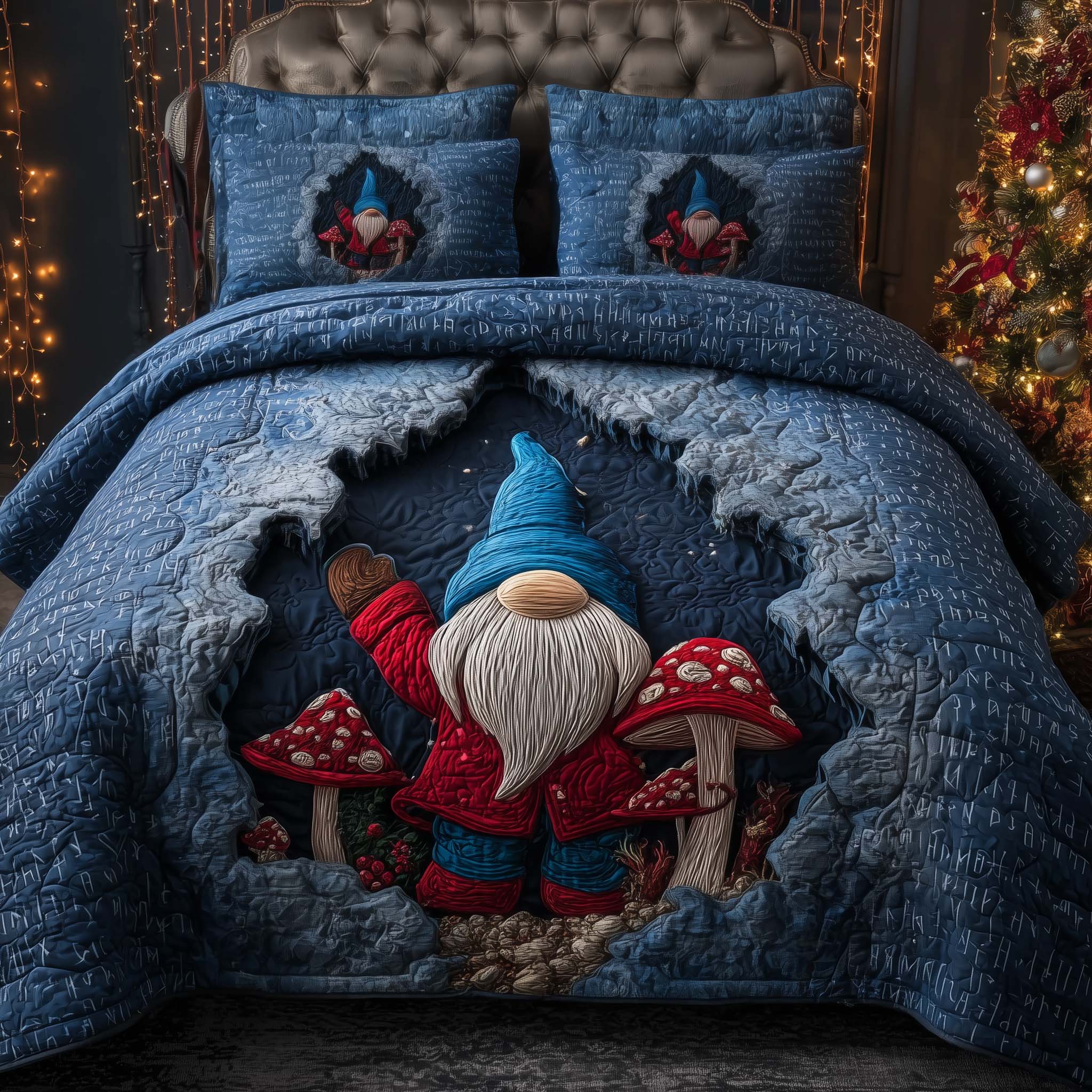 Mushroom Gnome Quilted Bedding Set Christmas Duvet Cover Queen Gnome Xmas Gift