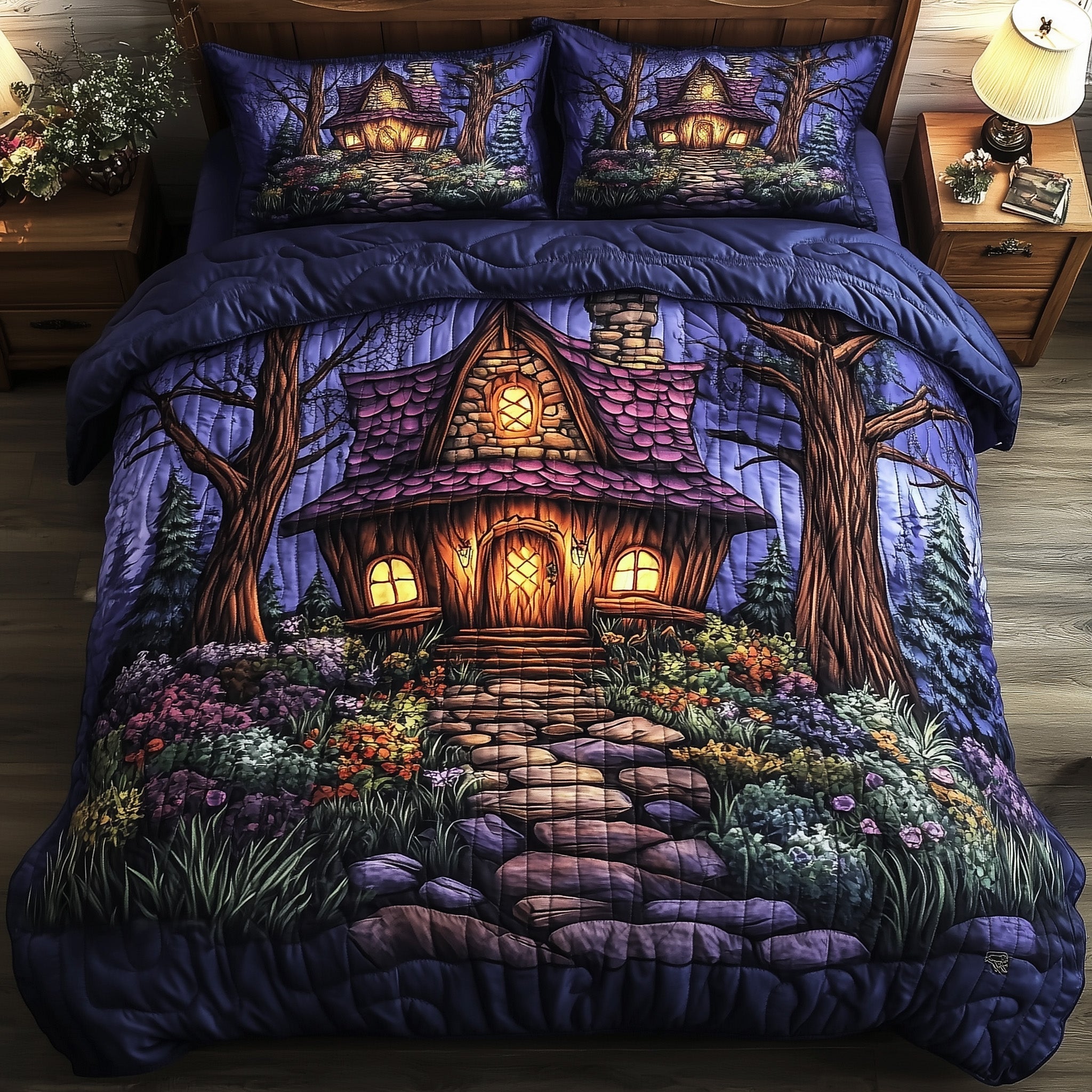 Mystic Forest Hut Quilted Bedding Set Best Sheet Sets Gifts For Mushroom Lovers