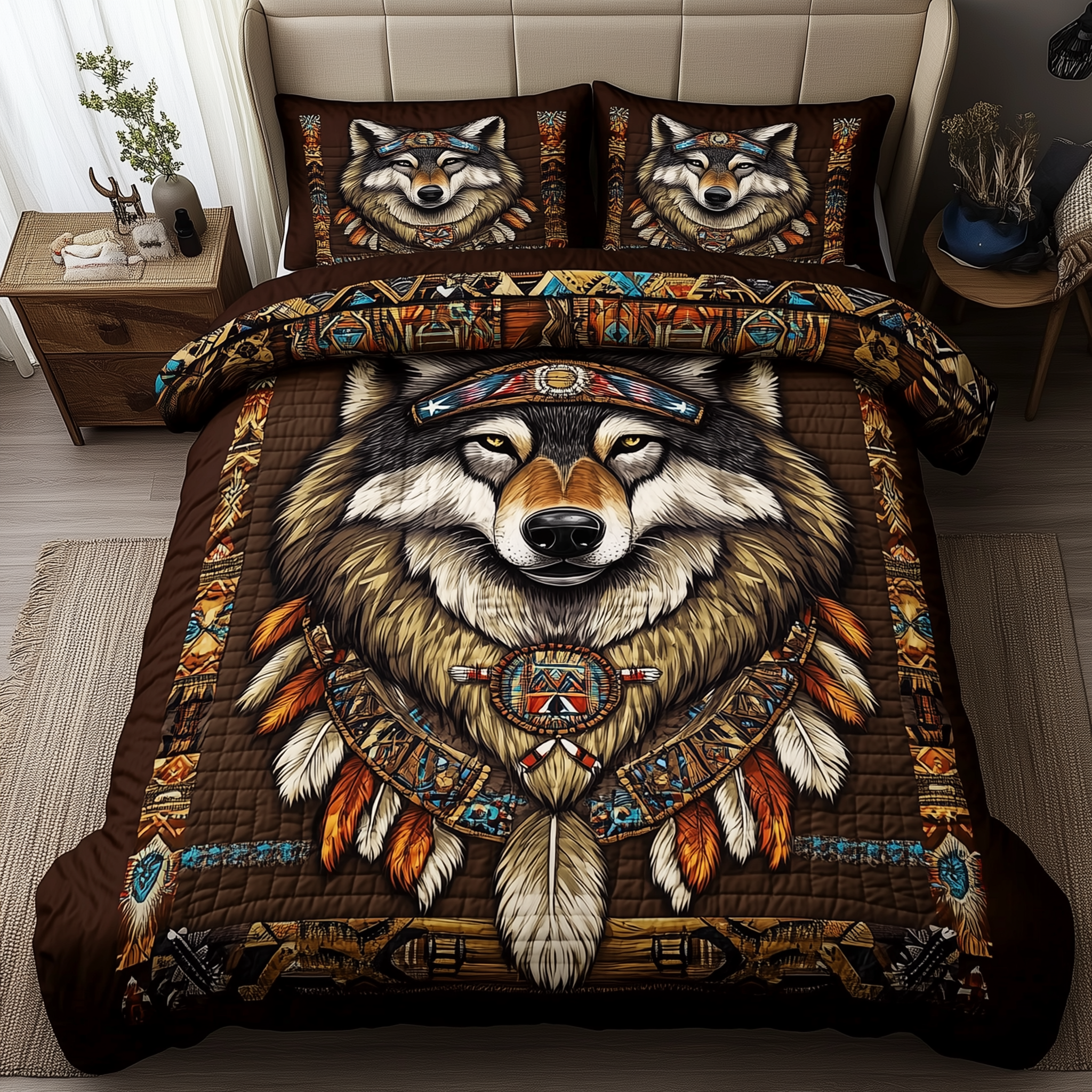 Native American Wolf Quilted Bedding Set Comforter Sets Queen Native American Gift Ideas