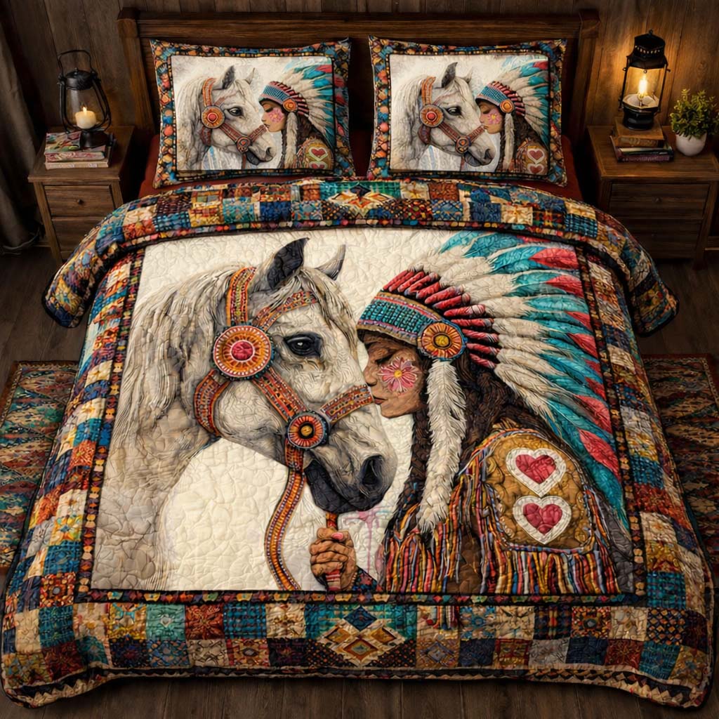 Native Heart Horse Quilted Bedding Set Best King Size Sheets Gifts For Horse People