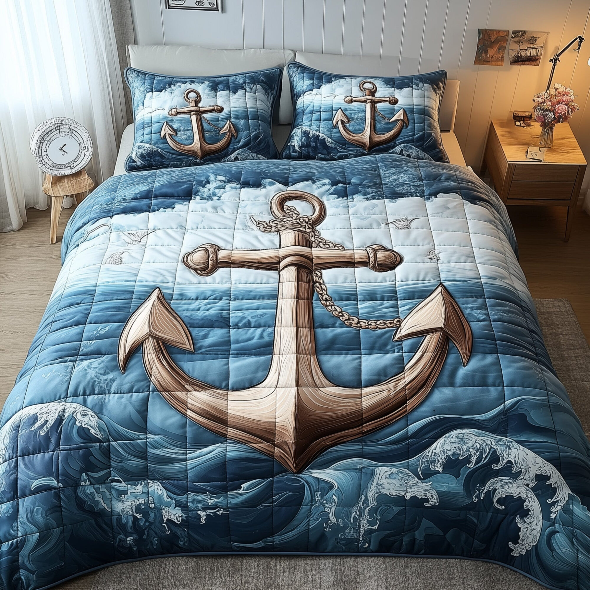 Nautical Anchor Quilted Bedding Set Maritime Decor Holiday Bedding Gifts