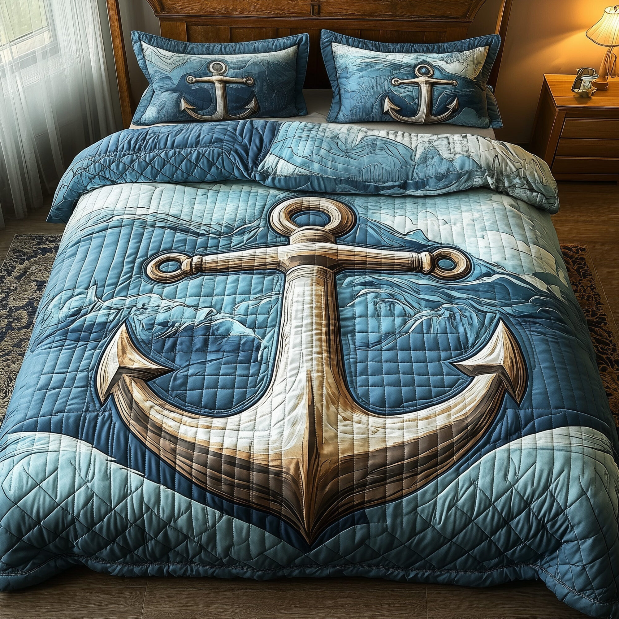 Nautical Anchor Quilted Bedding Set Maritime Design Holiday Sea Lover Bedding Gift
