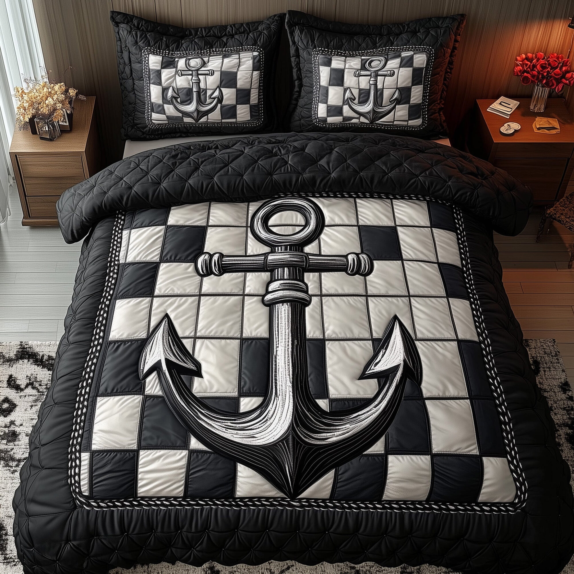 Nautical Anchor Quilted Bedding Set Navy Anchor Quilt Black And White Unique Bedding Gifts