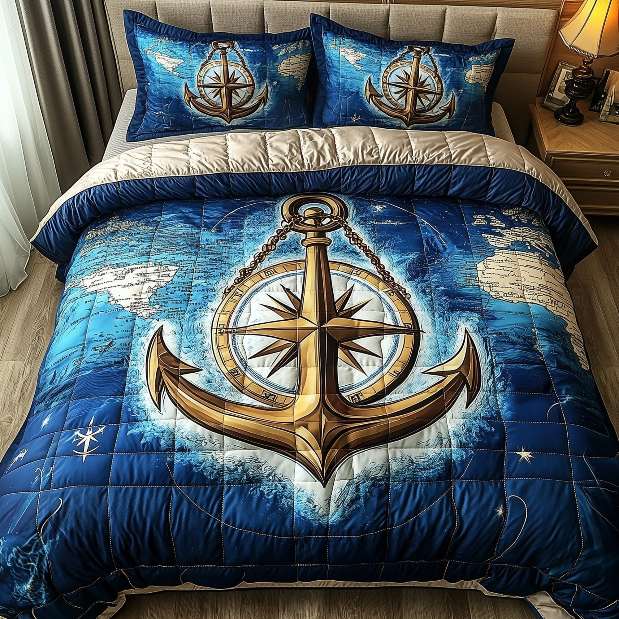 Nautical Anchor Quilted Bedding Set Ship Anchor Compass Design Seaside Theme Gifts For Him