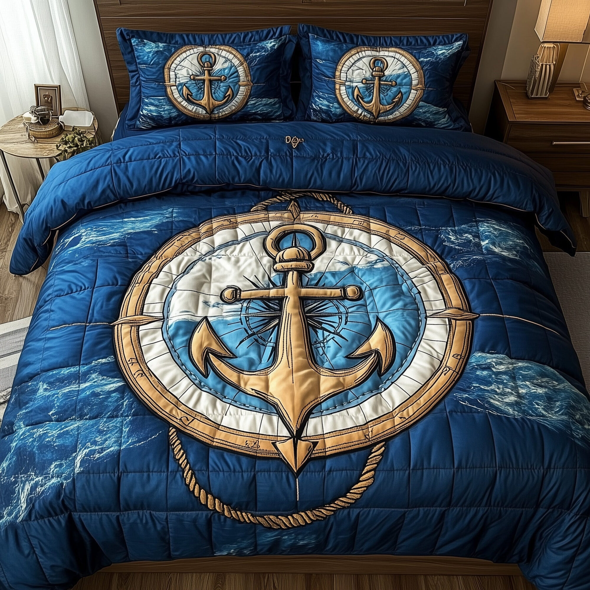 Nautical Anchor Quilted Bedding Set Ship Anchor Compass Illustration Decorative Navy Gifts