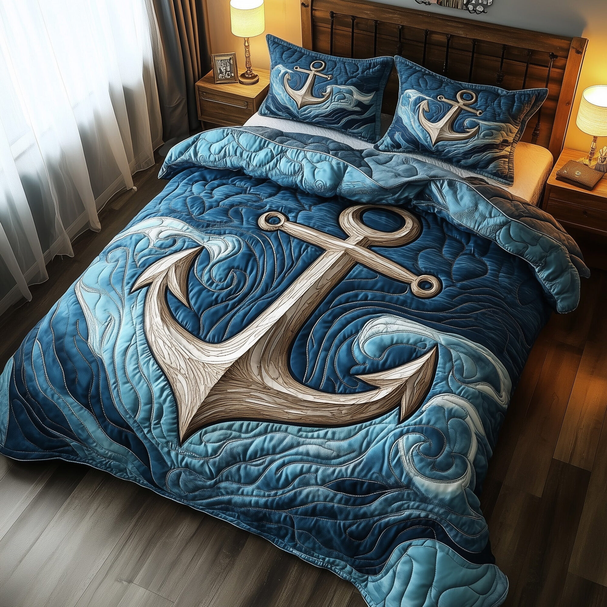 Nautical Anchor Quilted Bedding Set Ship Anchor Illustration Unique Gift Ideas