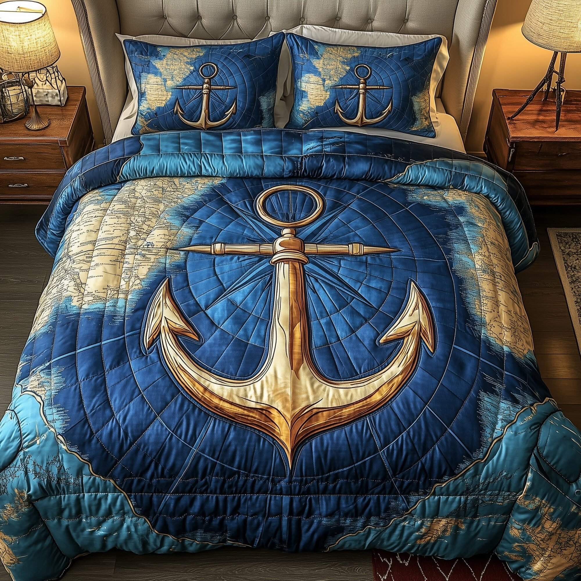 Nautical Anchor Quilted Bedding Set Ship Anchor World Compass Decor Seaside Theme Gifts