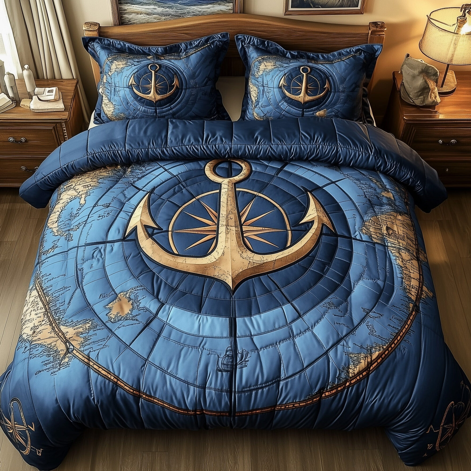 Nautical Anchor Quilted Bedding Set Ship Anchor World Compass Design Seaside Theme Gifts