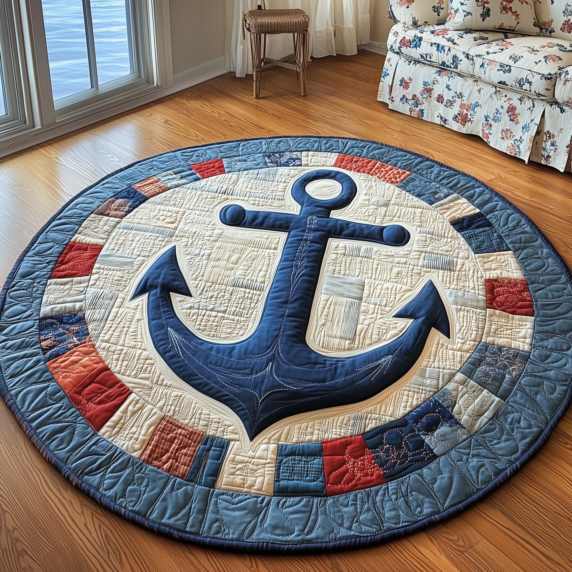Nautical Anchor Quilted Round Mat Non-Slip Quilted Round Mat for Safety and Style