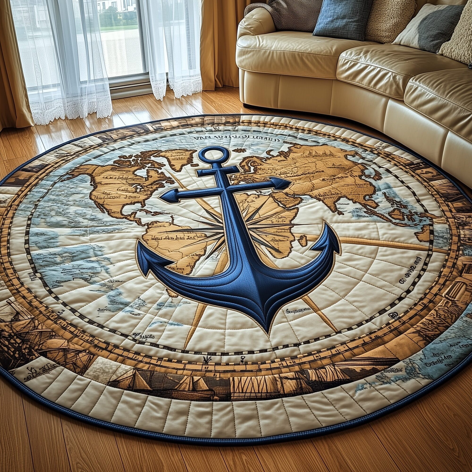 Nautical Anchor Quilted Round Mat Premium Quilted Round Mat for Cozy Living Spaces