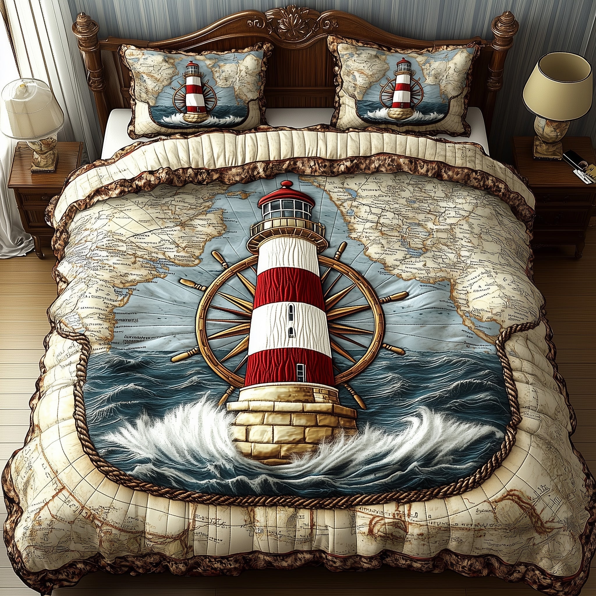 Nautical Lighthouse Quilted Bedding Set Bed Room Art Lighthouse Themed Gifts