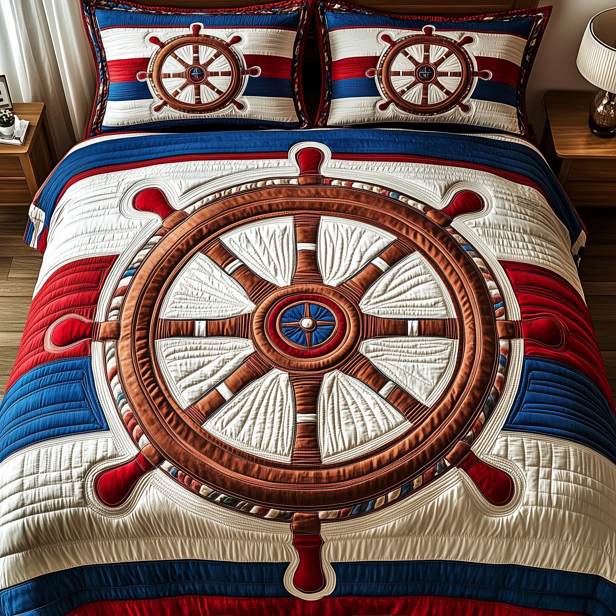 Nautical Ship Wheel Quilted Bedding Set Bedsheet Comforter Set Presents For Ocean Lovers