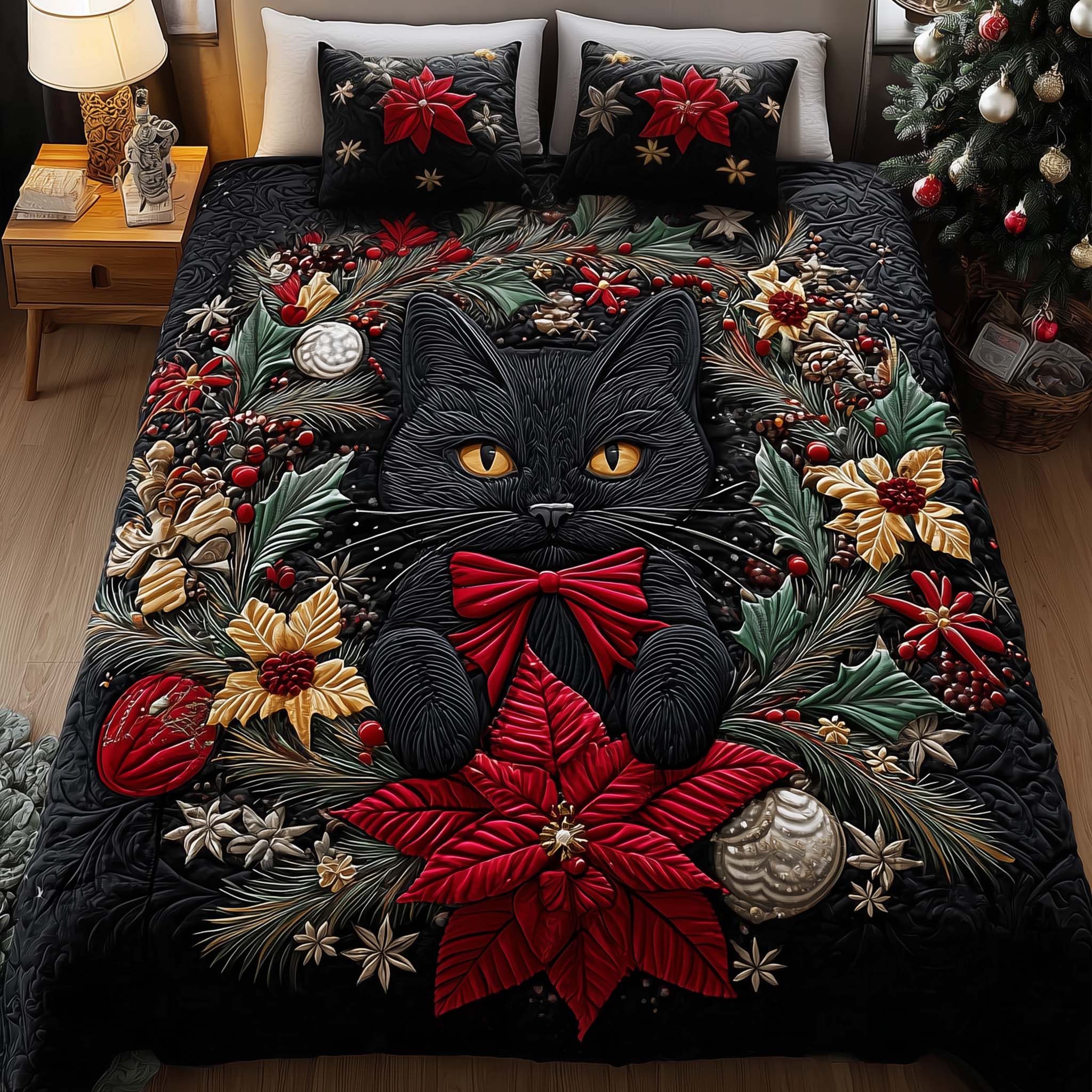 Noel Paws Quilted Bedding Set Xmas Comforter Sets Cat Gifts For Women