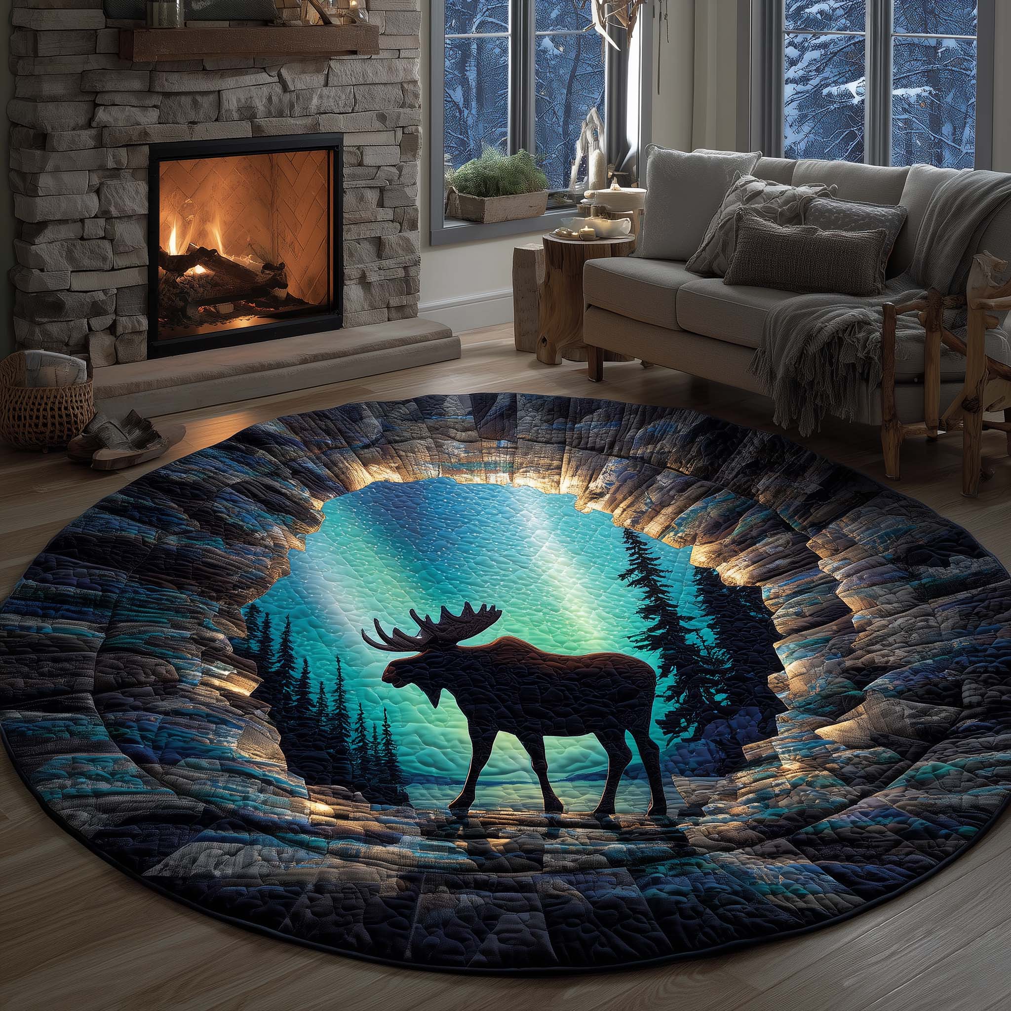 Northern Lights Moose Quilted Round Mat Soft Cotton Quilted Round Mat for Daily Comfort