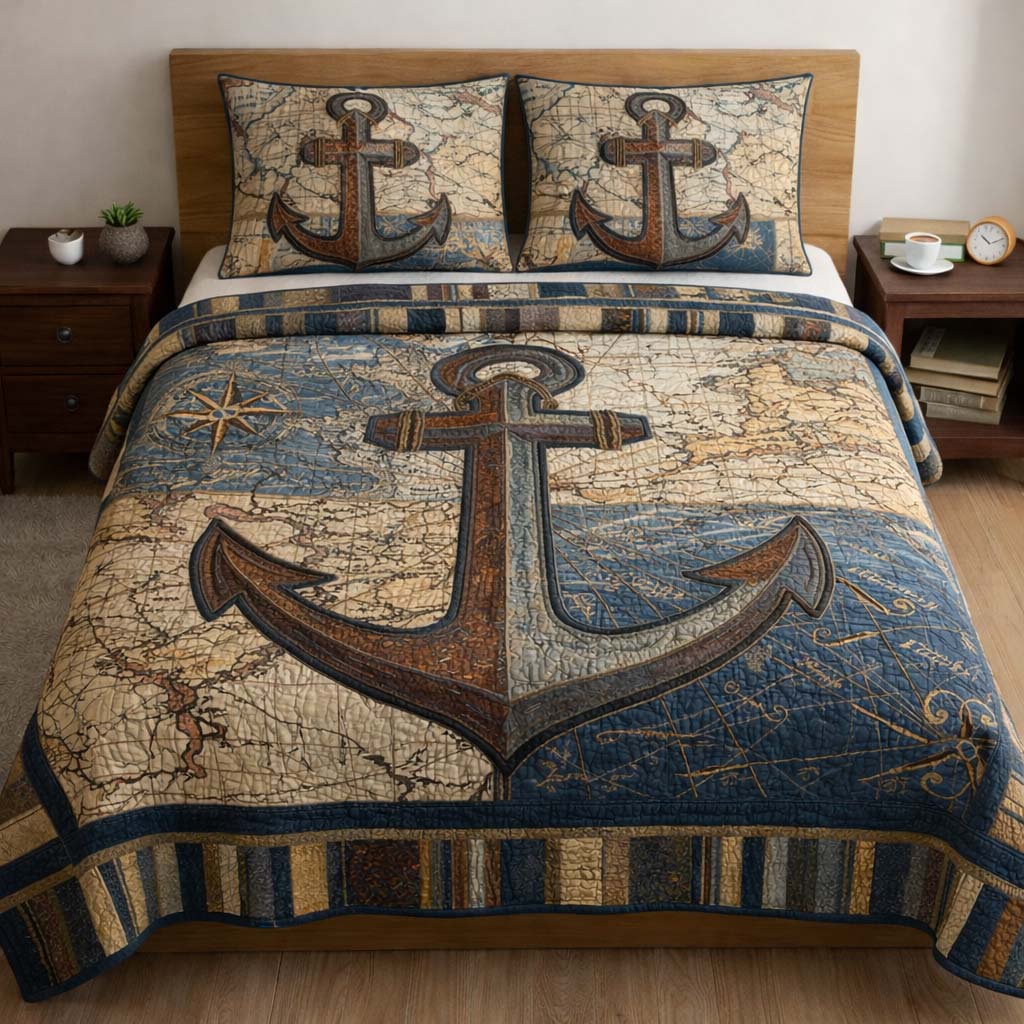 Ocean Anchor Quilted Bedding Set Unique Bed Sheet Set Navy Anchor Gifts