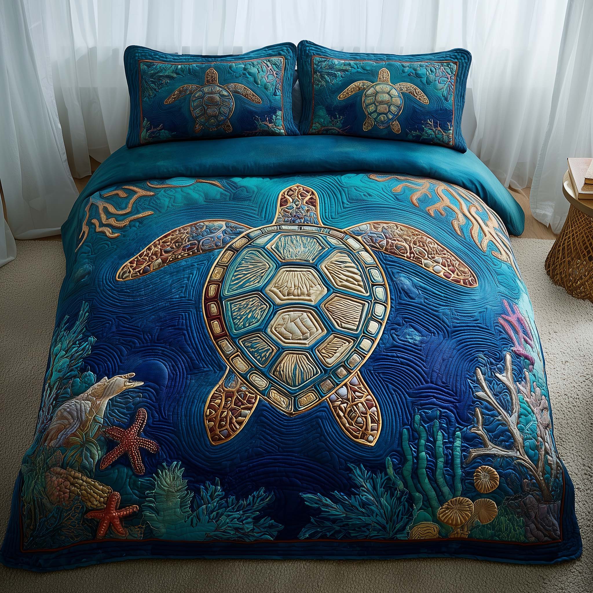 Ocean Breeze Quilted Bedding Set Cover Bed Set Sea Turtle Gifts For Mom