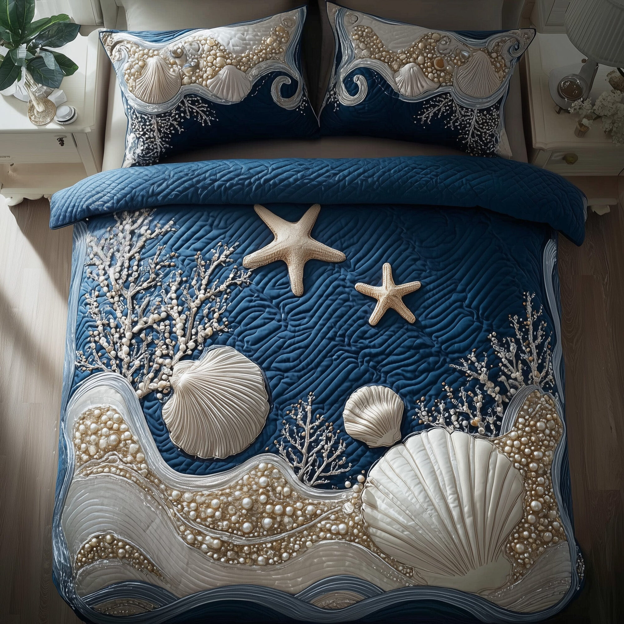 Ocean Breeze Quilted Bedding Set Shell Starfish Unique Ocean Vibes Bedroom Ideal Gifts