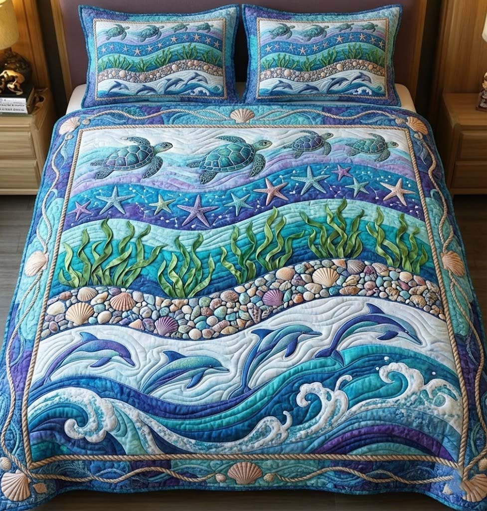 Ocean Breeze Quilted Bedding Set Unique Bed Sheets Gifts For Sea Turtle Lovers