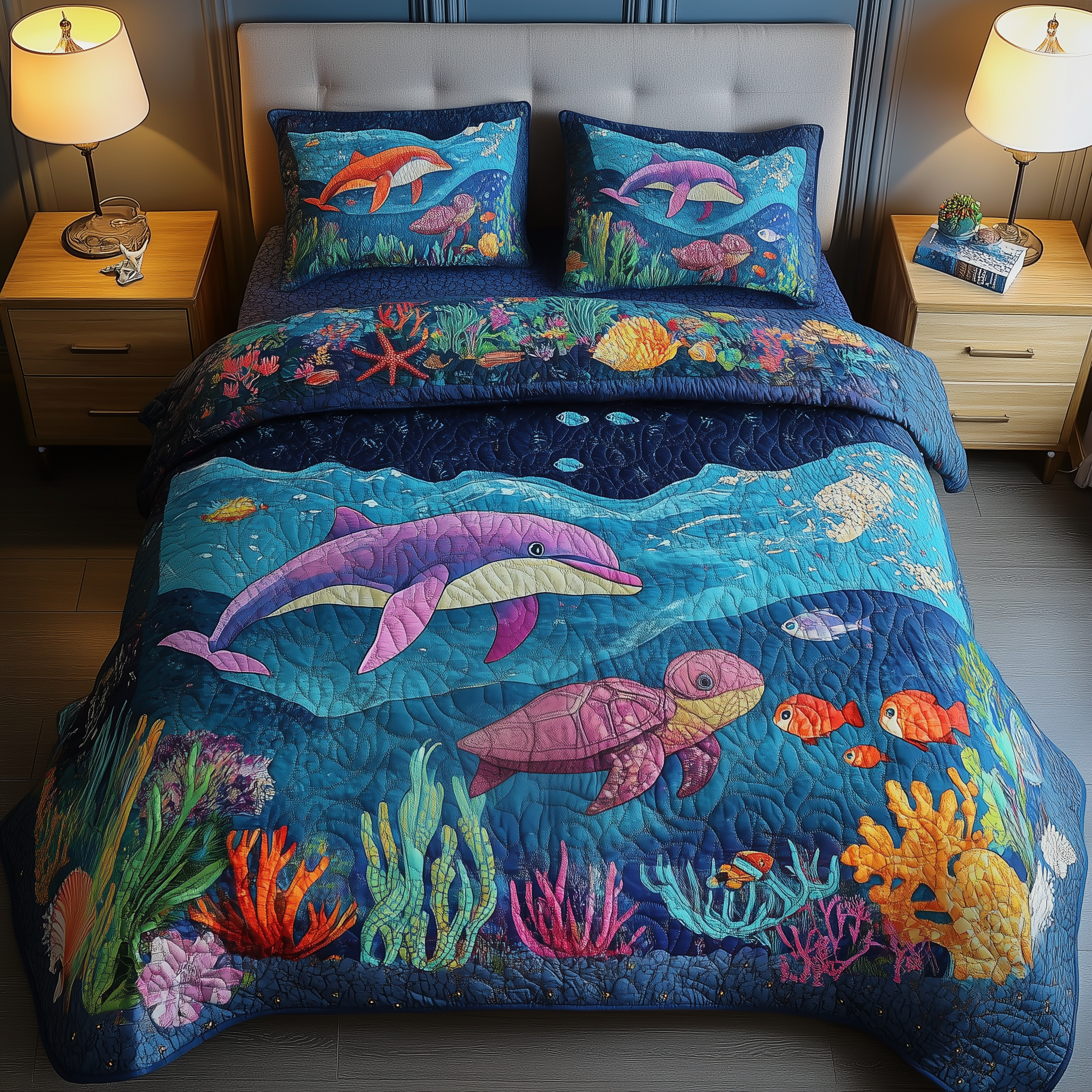Ocean Dreamscape Quilted Bedding Set Comforter Sets Gifts For Dolphin Lovers