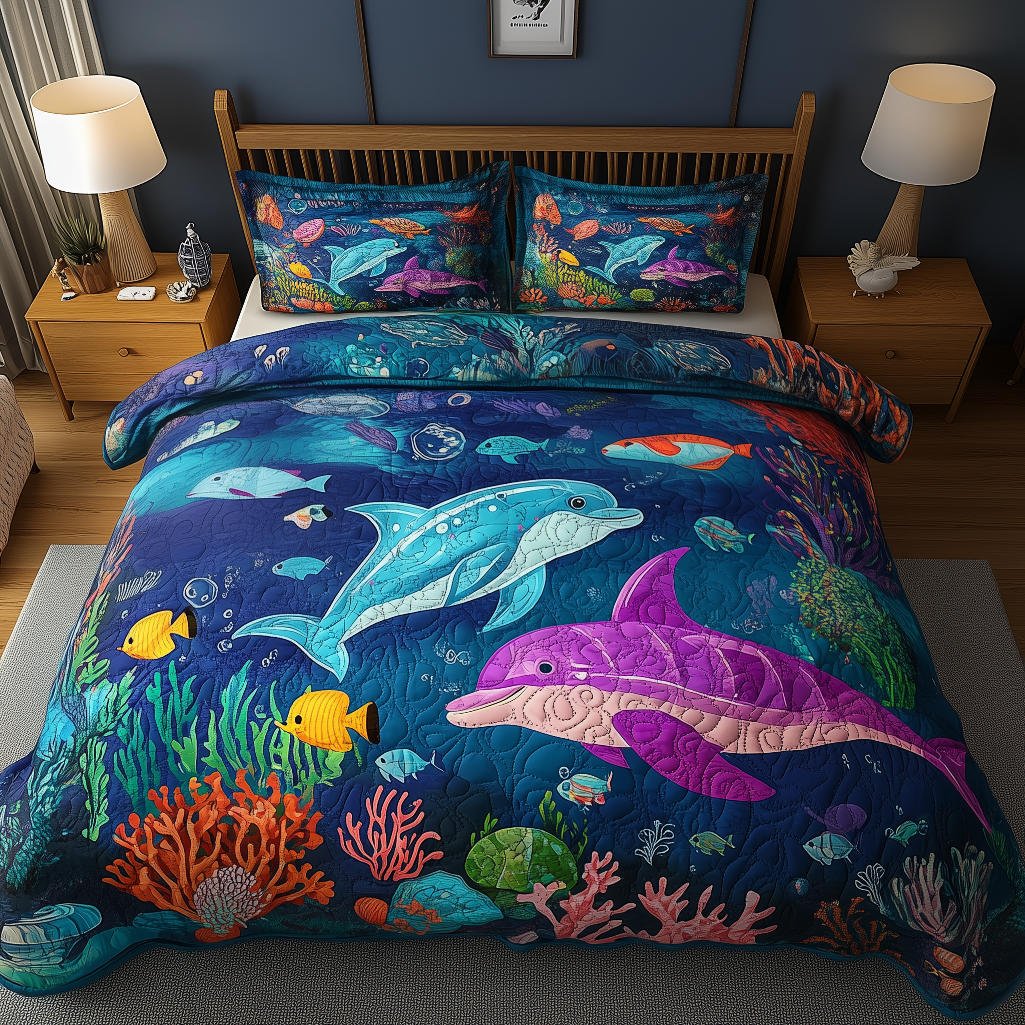 Ocean Dreamscape Quilted Bedding Set Comforter Sets Queen Dolphin Themed Gifts
