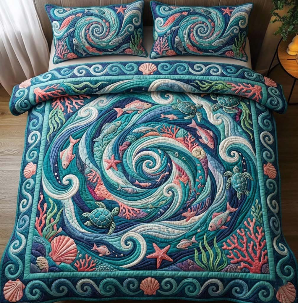 Ocean Swirl Quilted Bedding Set Bedsheet Comforter Set Gift For Beach Lover