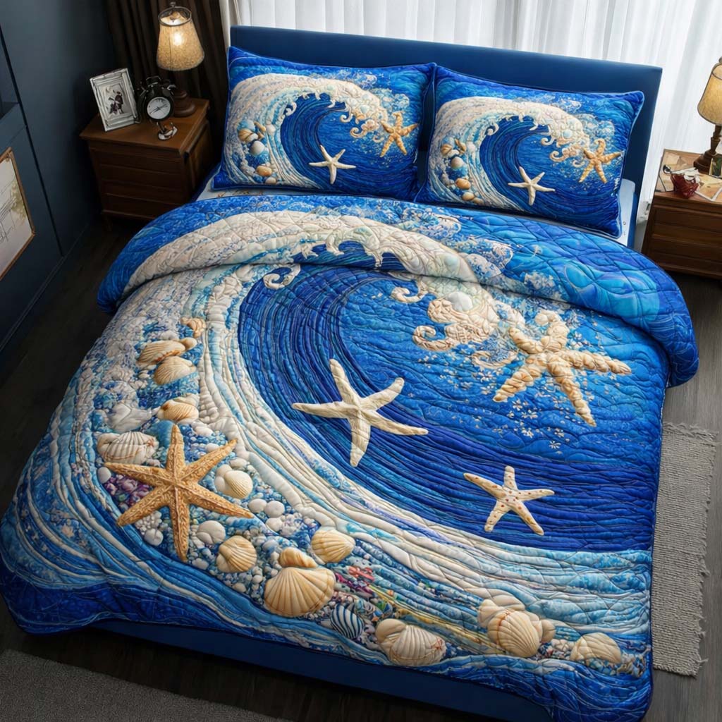 Ocean Wave Quilted Bedding Set Bedsheet Comforter Set Great Gifts For Beach Lovers