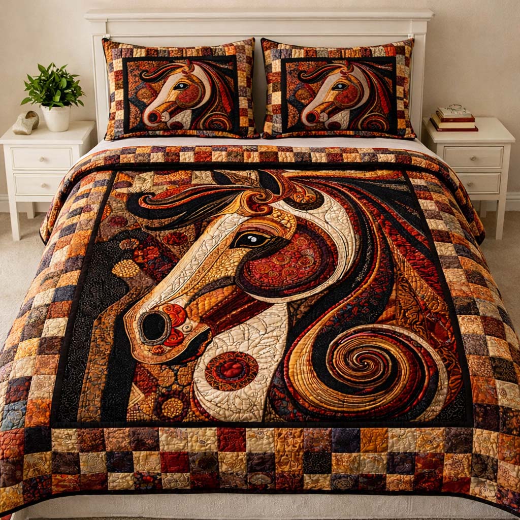 Ornate Patchwork Horse Quilted Bedding Set Best Queen Sheets Great Gifts For Horse Lovers