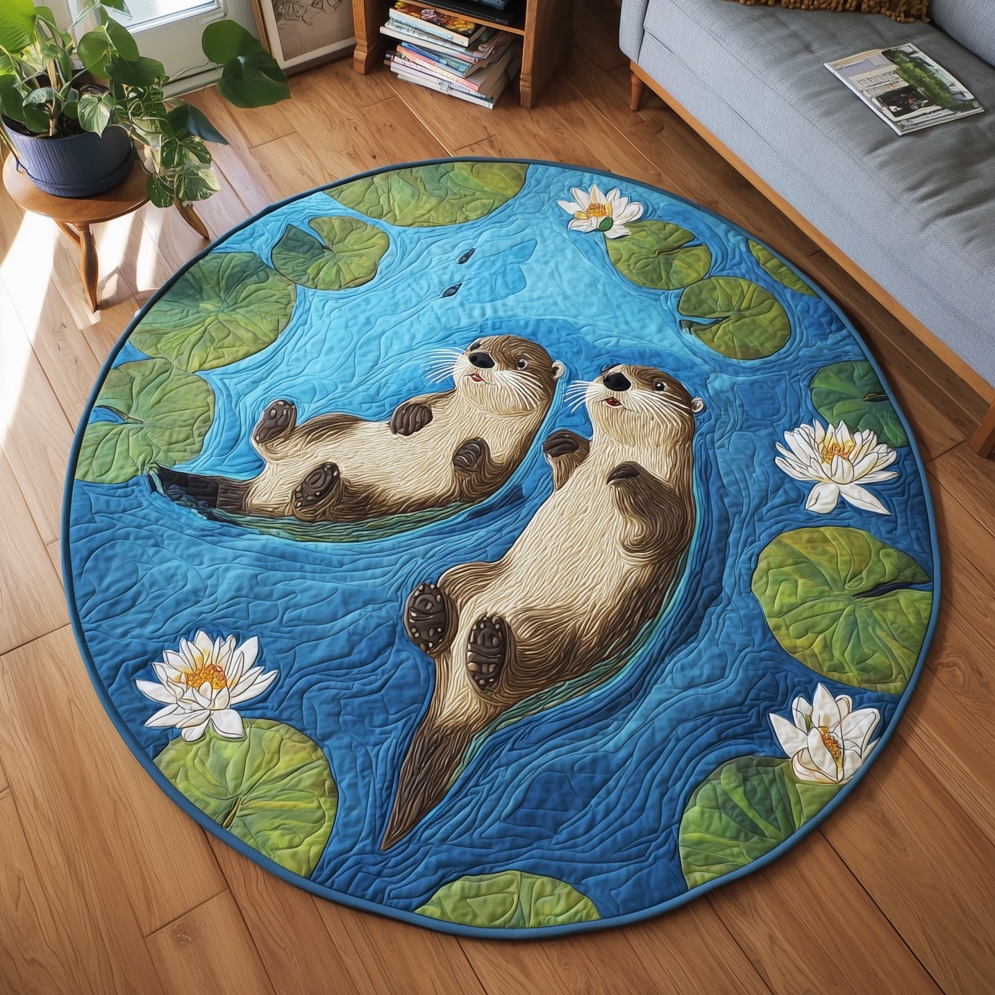 Otter Pair Quilted Round Mat Non-Slip Quilted Round Mat for Safety and Style