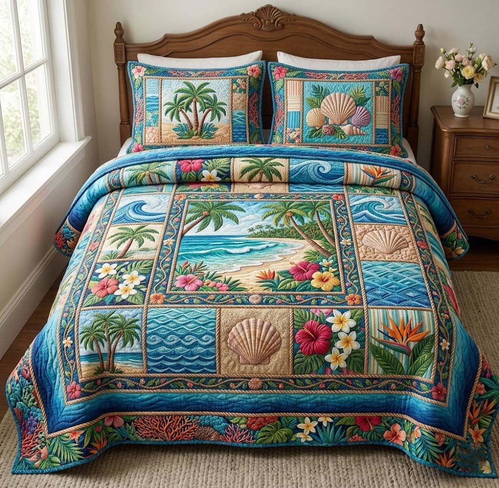 Palm Whisper Quilted Bedding Set Bedspreads Mothers Birthday Gifts