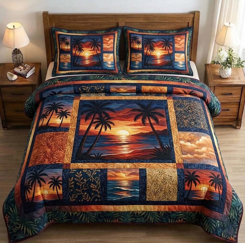 Palm Whisper Quilted Bedding Set Best King Bed Sheets Good Mothers Day Gifts