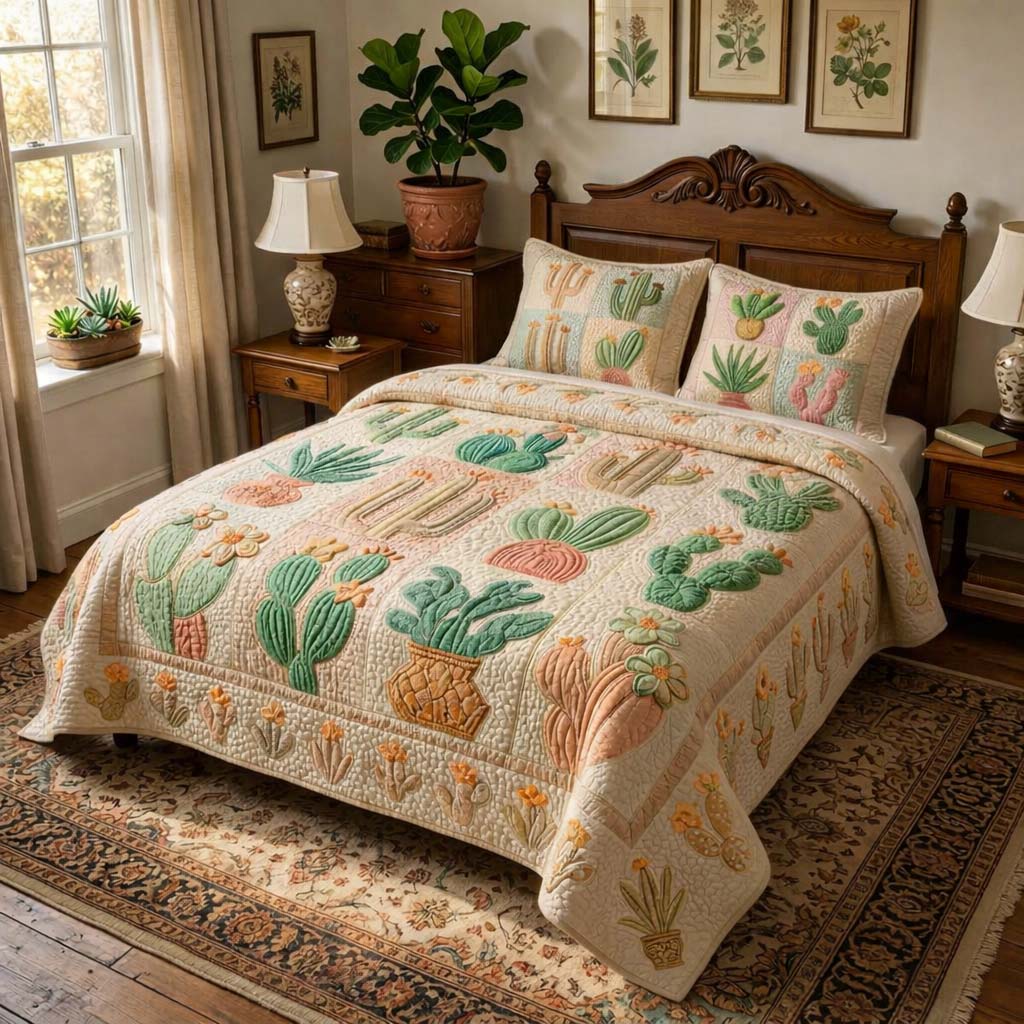 Pastel Cactus Patch Quilted Bedding Set Cool Bedroom Ideas Father's Day Gifts For Son In Law