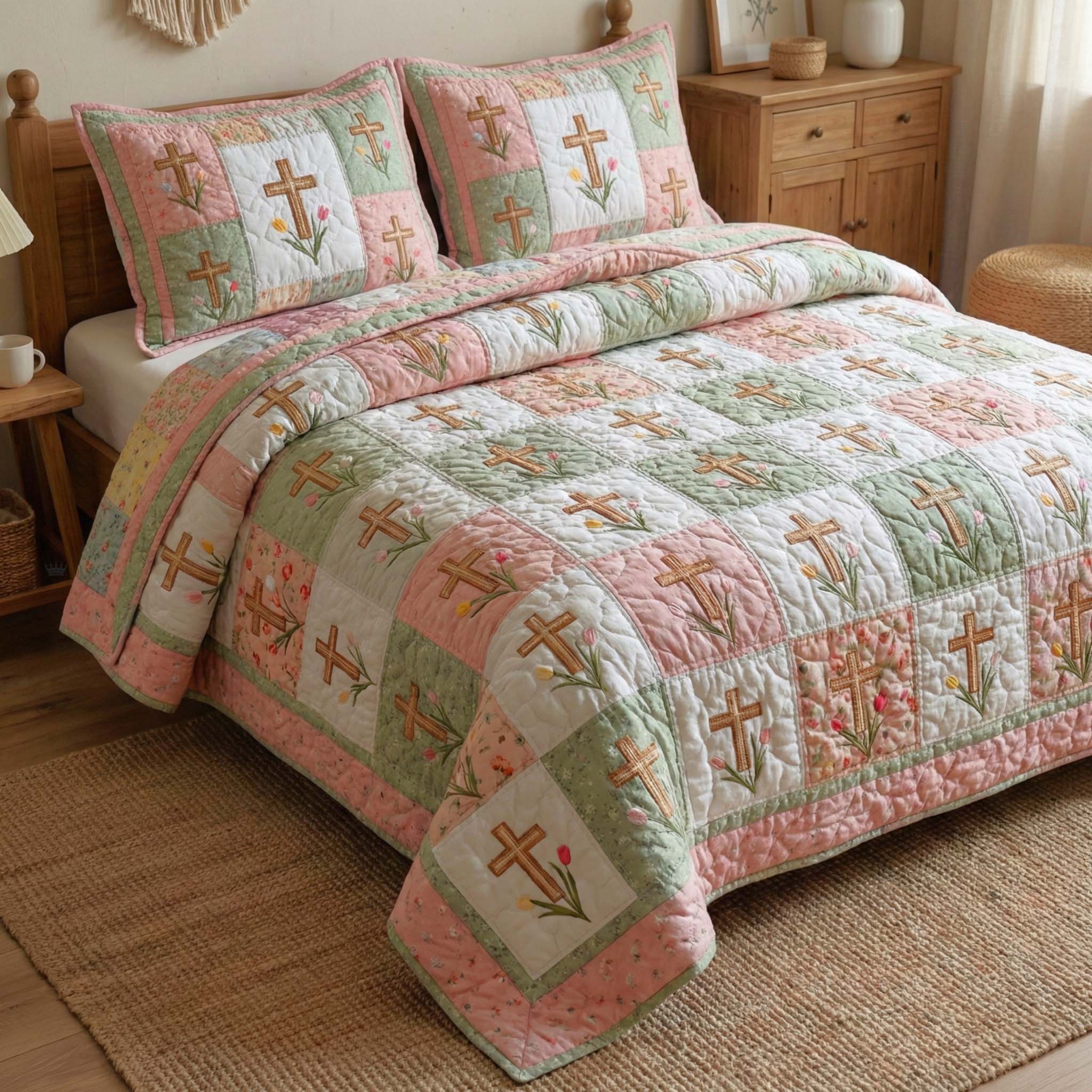 Pastel Cross Quilted Bedding Set Cover Bed Set Easter Gifts For Men