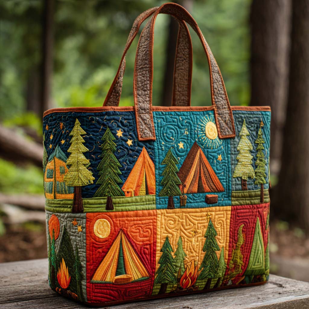 Patchwork Campsite Quilted Tote Bag Handbag For Women Camping Themed Gifts