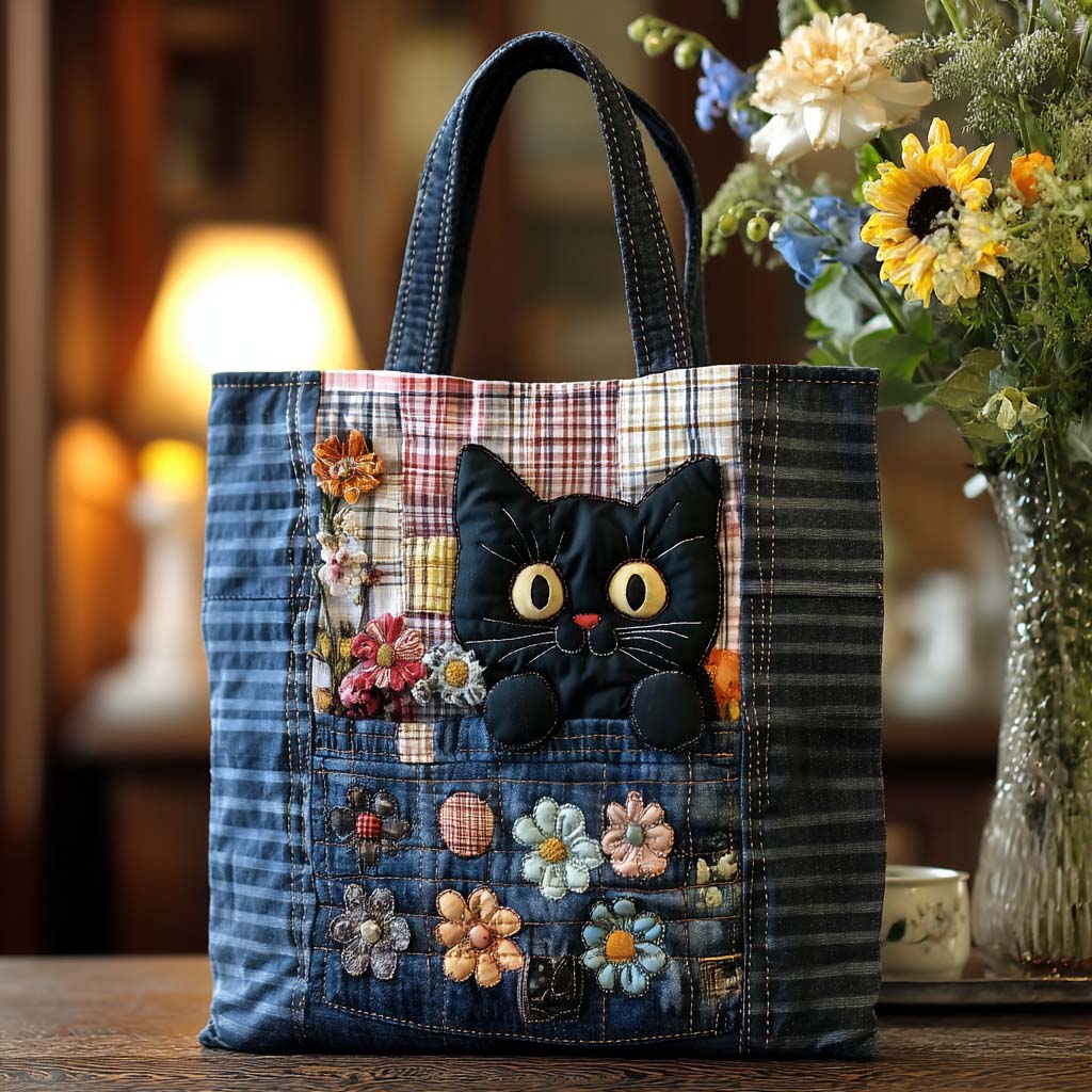 Patchwork Kitty Quilted Tote Bag Handbag For Women Gift For Cat Lover