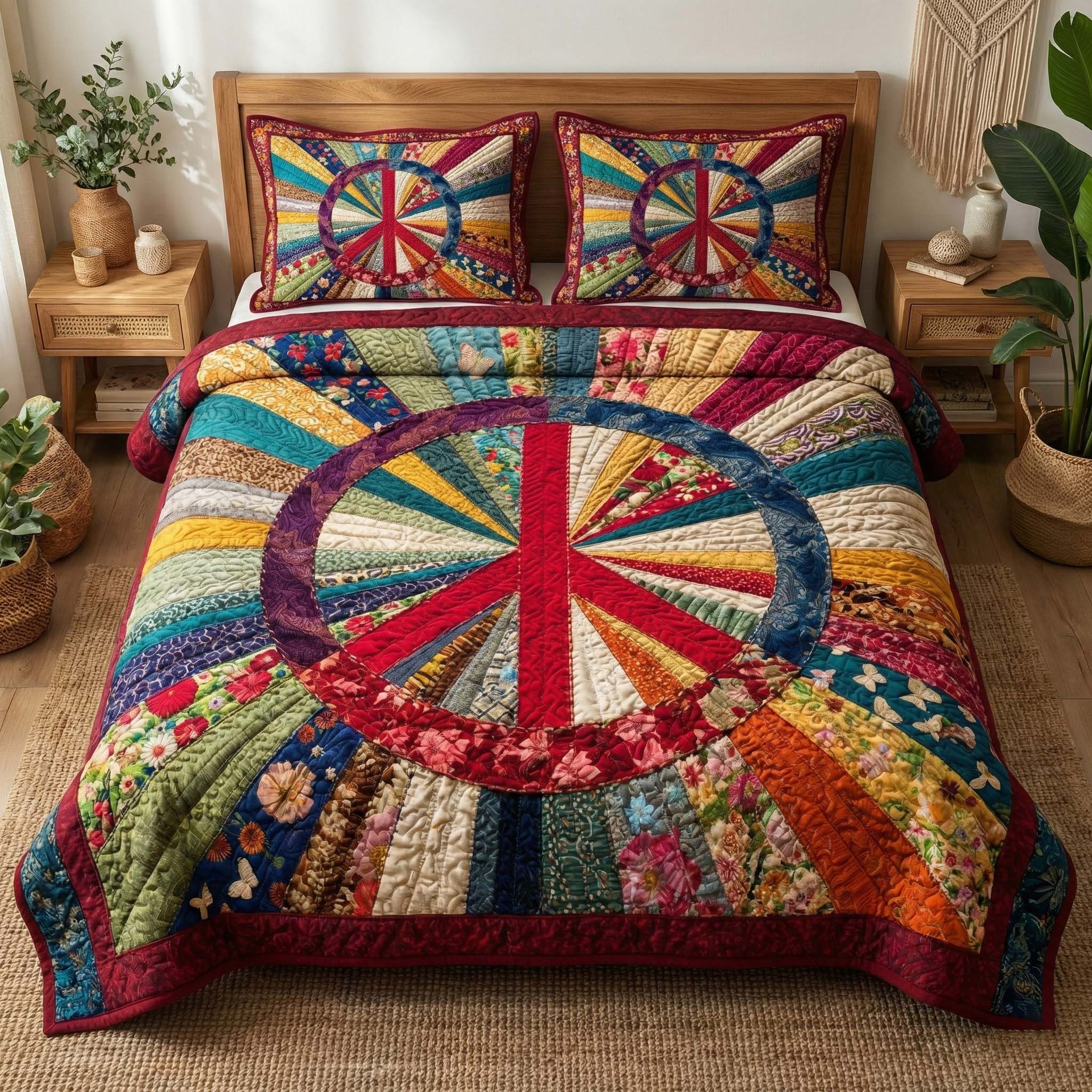 Patchwork Peace Quilted Bedding Set Unique Bed Sheets Best Gifts For Hippies