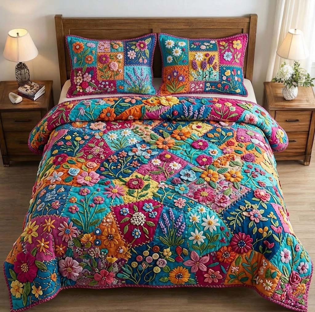 Patchy Bloom Quilted Bedding Set Bed Comforter Set Special Gifts For Him Her