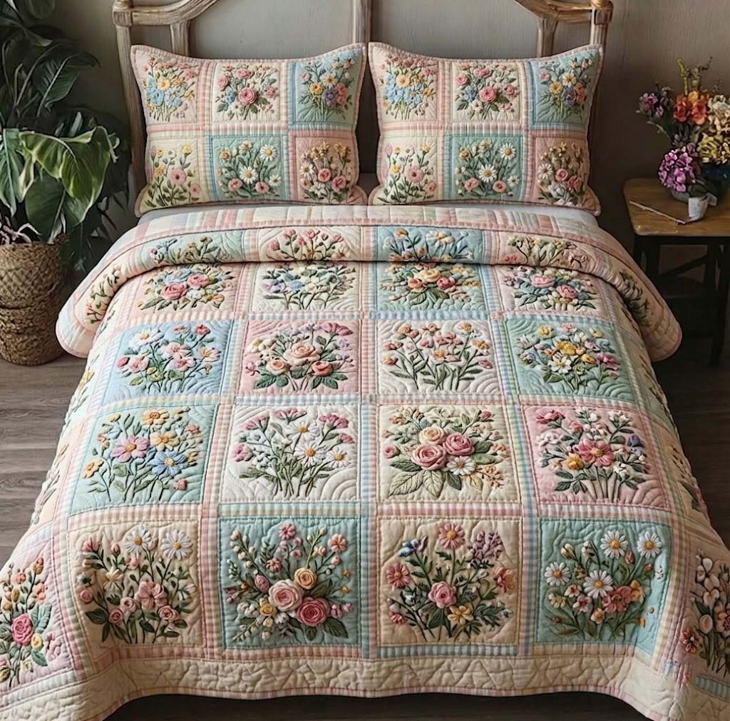 Patchy Bloom Quilted Bedding Set Best King Bed Sheets Awesome Mother's Day Gifts