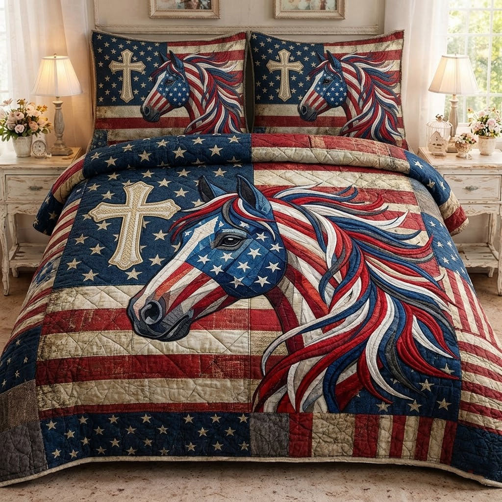Patriot Horse Quilted Bedding Set Bedroom Decor Fourth Of July Gift Ideas