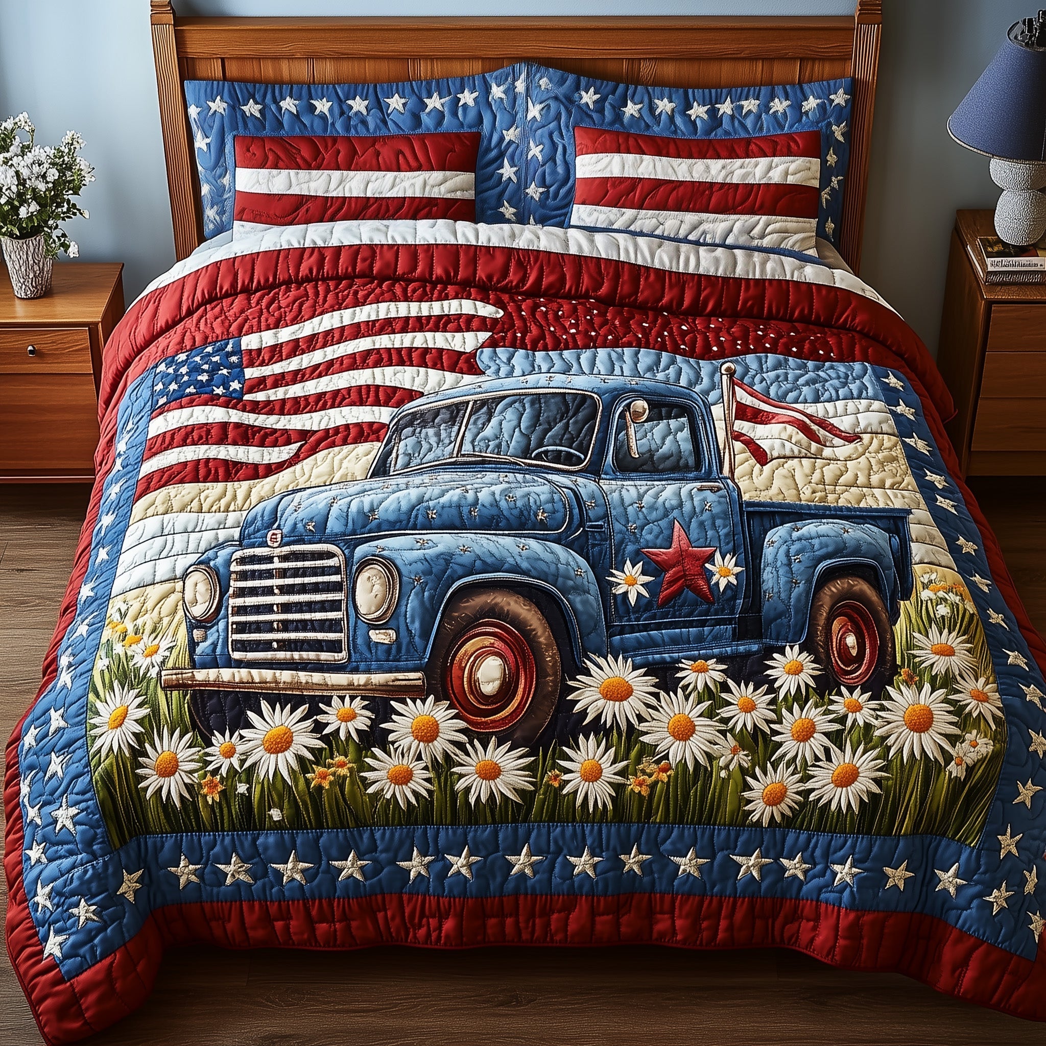 Patriotic America Truck Quilted Bedding Set Great Bed Sets 4Th July Gift Ideas