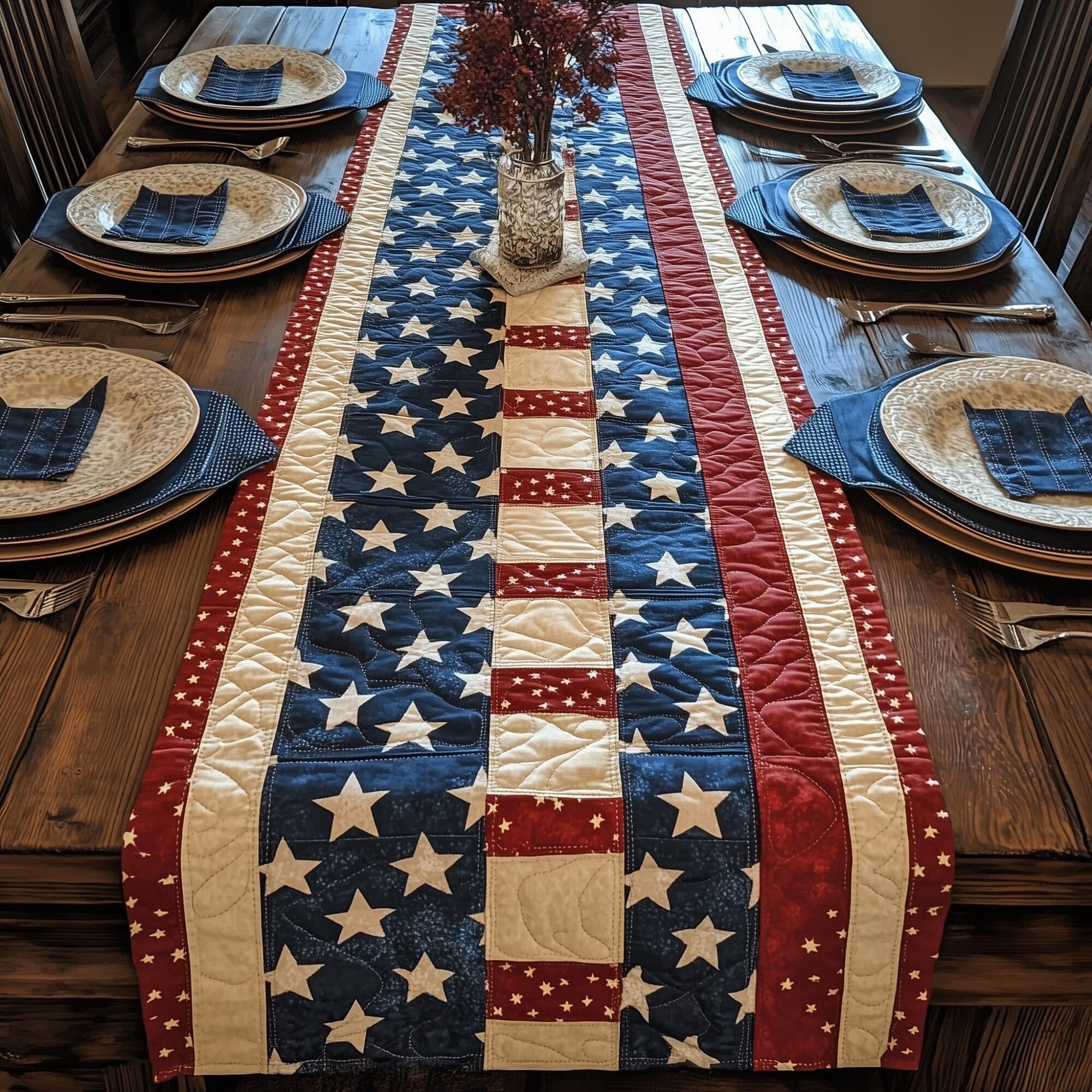 Patriotic American Quilted Table Runner 4th Of July Centerpieces Patriots Gifts For Dad