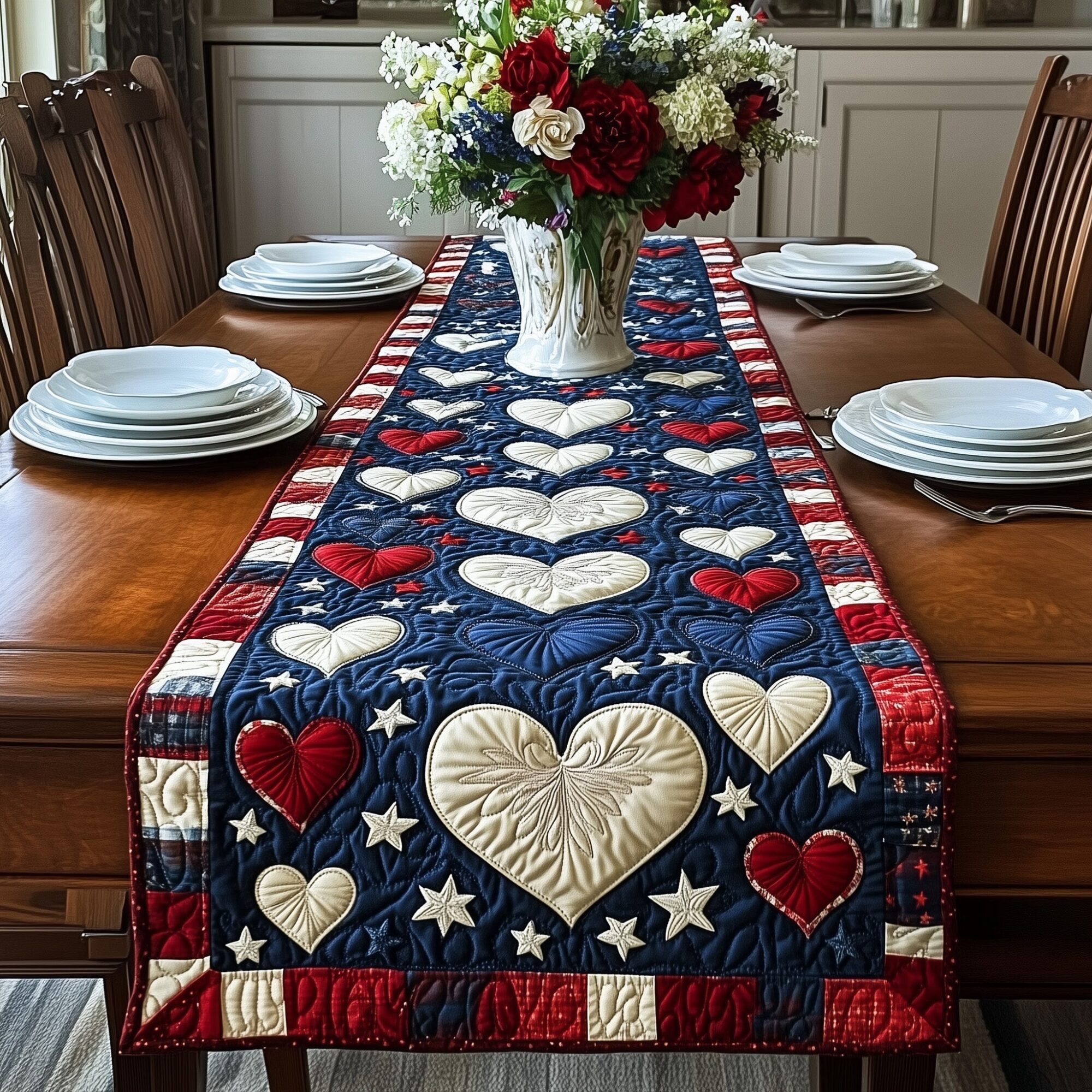 Patriotic Heart Bloom Quilted Table Runner 4th Of July Table Decor Ideas Unique 4Th Of July Gifts
