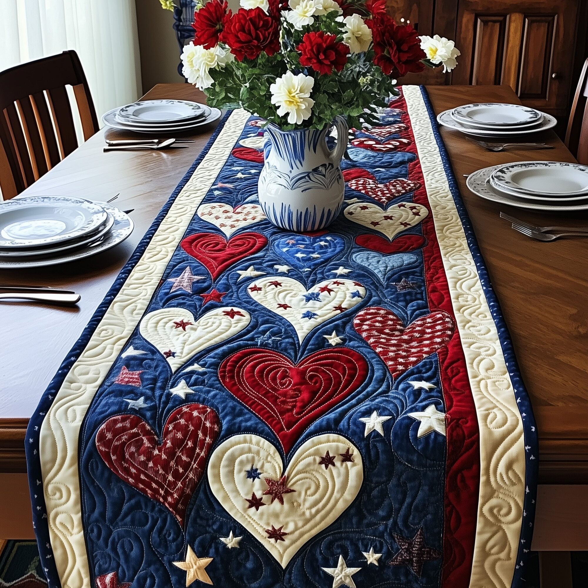 Patriotic Heart Bloom Quilted Table Runner Fourth Of July Table Decorations Fourth Of July Presents